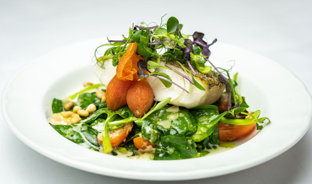 Ein Fischgericht auf dem Teller angerichtet.